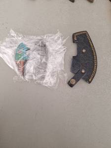 lot 18110 image: MHSCutlery Handcrafted Rocking Knife with Blue and Red Handle and Black Sheath, 5.5 Inch