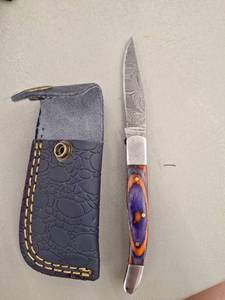MHSCutlery Handcrafted Folding Knife Damascus Steel Blade Purple Orange Handle with Sheath, 7 Inch