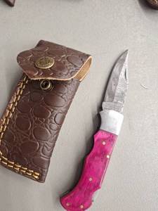 MHSCutlery Handcrafted Folding Knife Damascus Blade Pink Handle with Leather Sheath, 7 Inch