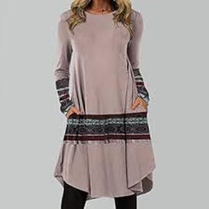 AMDOLE Cute Sundresses for Women Women Casual Dress Boho Print Dress Long Sleeve Round Neck Pullover Loose Pocket Dress Long Sleeves Sweatshirt Dress Evening Fall Dresses XXL