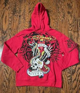 lot 63324 image: Ed Hardy New York Hoodie Mens Red Eagle Snake Skull Pullover Size M