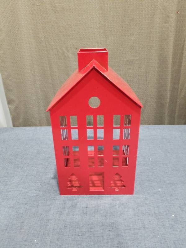 lot 2883 image: Red House-Shaped Decorative Lantern with Cutout Windows and Chimney