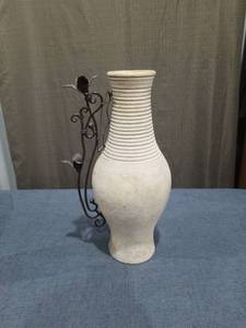 lot 1913 image: Ceramic Vase with Metal Floral Handle Decorative Accent