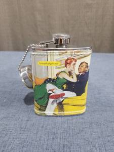 lot 1922 image: Breathalyze Me Flask with Retro Illustration and Chain
