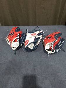 lot 1975 image: 3 Baseball Gloves Red White Navy Youth Size