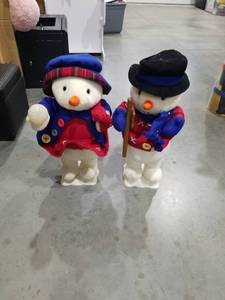 lot 2953 image: Snowman Figurines Pair with Blue Hats Red Jackets Accessories No Power Cord