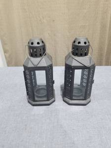 lot 2954 image: Pair of Hexagonal Metal Lanterns with Perforated Design and Handles