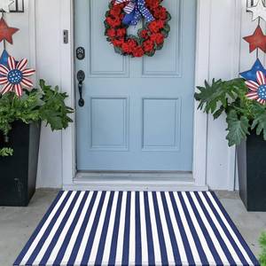 lot 73268 image: Blue and White Striped Rug 4th of July Door Mat Summer Front Porch Rug Independence Day Welcome Doormats for Farmhouse Entrance Porch Outdoors Decor(Blue and White, 24 x 35) - Retail $19