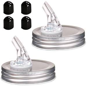 lot 73273 image: Mason Jar Pour Spouts. free flow Mason Jar Pour Spouts, mason jar for spout regular mouth size 70mm dispenser germination cover. Suitable for any liquid. LeakProof 2Pack  4 Black Lid Caps (2 Pack - Retail $10