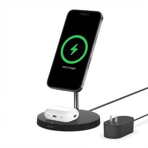 lot 73283 image: Belkin MagSafe 2-in-1 Wireless Charging Stand for Apple iPhone 16, iPhone 15, iPhone 14, & iPhone 13 Series & AirPods - MagSafe Fast Charging Station for Multiple Devices - Black - Retail $99
