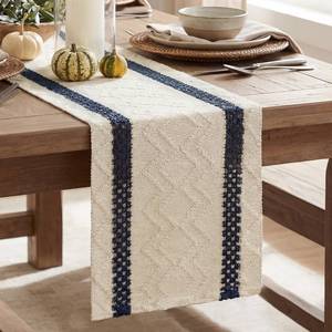lot 73294 image: Mode Dark Blue Stripe Woven Table Runner, Seasonal Holiday Hollow Kitchen Dining Table Decoration for Home Party Decor 12x108 Inch - Retail $15