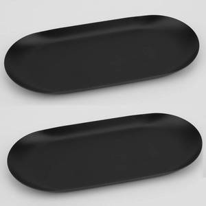 lot 73314 image: Stainless Steel Decorative Tray, Set of 2, 7 Inch Long, Jewelry Dish Cosmetics Organizer Bathroom Clutter Serving Platter Small Storage Tray, Oval, Matte Black - Retail $9