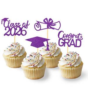 lot 73325 image: 2026 Graduation Theme Cupcake Toppers Glitter Class of 2026 Graduation Cap Diploma Cupcake Picks - Set of 24 (Purple2) missing pieces  - Retail $9