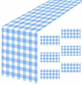 lot 73326 image: 6 Pcs Light Blue Gingham Table Runner Plastic 14 x 108 Inch Disposable Blue and White Runner for Birthday Party Baby Shower Tabletop Centerpieces Decorations Checkered Table Runner - Retail $10