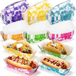 lot 73382 image: 120 Hibiscus Party Paper Hot Dog Trays Disposable Luau Party Food Nacho Boats Hawaiian Hot Dog Holders Decorations 7 Hawaiian Tray for Hibiscus Tropical Theme Supplies - Retail $19