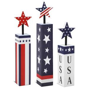 lot 73391 image: 4th of July Decorations Set, Red White Blue Decor, Wooden Patriotic Memorial Day Tiered Tray Decor, Labor Day Decorations, Fourth of July Decoration for Home Office Table (Flag Printed) missing 1 star - Retail $20