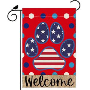 lot 73415 image: Welcome Dog Paw Dots Stripes Stars America 4th of July Memorial Day Independence Day Garden Flag Yard Flag 12x18 Inch Double Sided Small Mini Yard Outdoor Outside Holiday Decoration - Retail $10