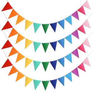 lot 73429 image: 4Pack 48PCS Colorful Pennant Banner Flags with 8.2ft Ribbon, Rainbow Felt Bunting Triangle Flags Party Decor for Birthday, Baby Shower, Nursery, Playroom, Wedding, Garden, Photo Backdrop - Retail $9