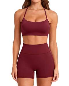 lot 73445 image: Women 2 Piece Workout Sets High Waisted Biker Shorts with Pockets Padded Sports Bras Built in Bra Halter Athletic Tops (Wine Red, S) - Retail $33