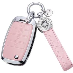 lot 73475 image: Kia Key Fob Cover with Keychain, Pink Leather Crystal Key Case Protection Shell Compatible with Kia Sedona Rio Optima Soul Sportage Sorento Carens Flip Key - Retail $23