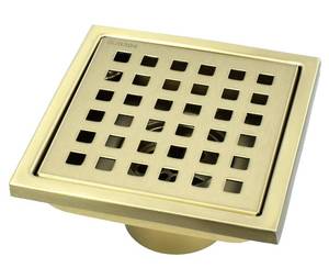 lot 73483 image: 4 inch Square Shower Drain with Removable Cover Grid Grate,SUS 304 Stainless Steel Tile in Floor Drain,Brushed Gold - Retail $28