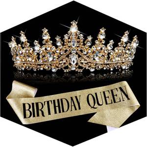 lot 73522 image: Birthday Queen Sash and Crown for Women - Gold Rhinestone Tiara and Sash Set for Birthday Decorations Outfits for Women - Retail $10