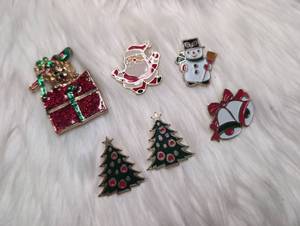 lot 3105 image: Holiday Christmas Brooch Pin Lot Santa Snowman Trees Bells - 6 ct