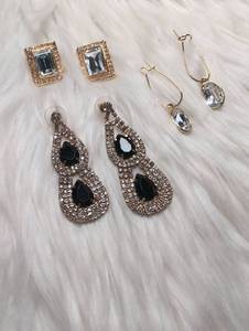 lot 3303 image: Fashion Jewelry Earring Lot&nbspGold Tone Rectangular, Clear Drop, and Black Stones Dangle Earrings - 3 ct