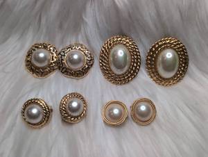 lot 3309 image: Costume Pearl Earrings Gold-Tone Metal Button Stud Clips-4 ct
