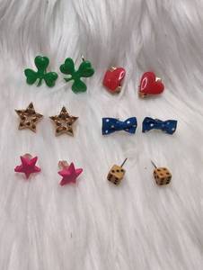 lot 3320 image: Fun Stud Earring Lot Shamrock Heart Star Bow Dice - 6 ct