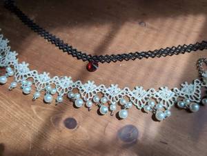 lot 3410 image: Lace Choker Necklace with Pearl Dangles  Red Crystal Pendant Choker