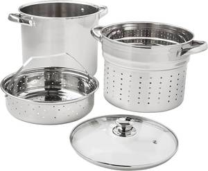 lot 6763 image: 4-Piece Stainless Steel Multi-Cooker Set, 8 qt, Glass Lid, Pot & Colander
