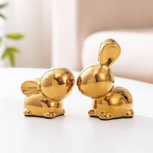 lot 7118 image: SURE YUESI Ceramic Bunny Decor Figurines, Rabbit Statue Set of 2 - Golden