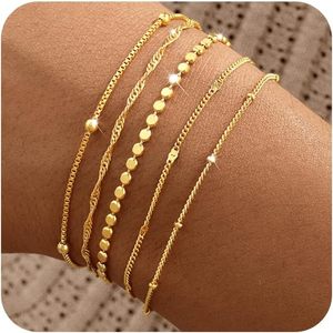 lot 7124 image: Gold Bracelets for Women, 14K Gold Plated Stackable Bracelet Set, Adjustable