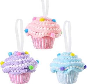 lot 7164 image: Pastel Christmas Cupcake Ornaments 3pcs, 3.3in Xmas Tree Hanging Decor