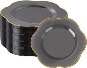 lot 7194 image: Liacere 100Pcs Durable Gray Plastic Plates with Gold Rim - Dinner Plates