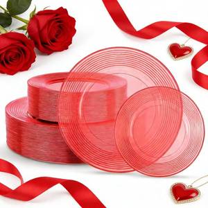 lot 7327 image: FLOWERCAT 100pcs Clear Red Plastic Plates Disposable Heavy Duty 10 & 7 in