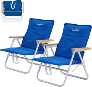 lot 10511 image: SUNNYFEEL Foldable Beach Chair with Wood Armrests & Cushion, 2 Pack, Blue