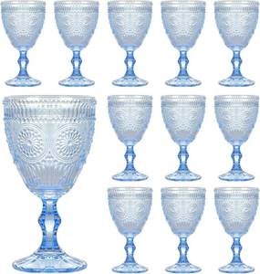lot 10516 image: Pack of 12 Vintage Glass Goblets, 10 oz, Light Blue   Embossed Wine Glasses