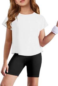 lot 10624 image: ZDC Girls Athletic Yoga Shirts Short Sleeve Quick Dry Crop Tops Gym Tees 7-8