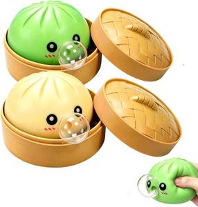 lot 10705 image: 2pcs Dumpling Bubble Blowing Squishy, Steamer Basket Fidget, GreenYellow