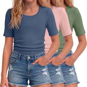 lot 10747 image: 3 Pack Teen Girl T-Shirts - Ribbed Fitted Tees, Summer Tops for Tween 7-8yr