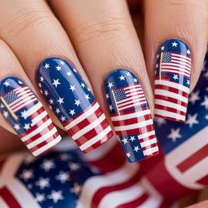 lot 10771 image: 4th of July Press-On Nails, Medium Square American Flag, Red White Blue 24pcs