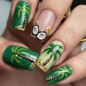 lot 10772 image: Medium Square Press-On Nails - Palm Tree Coconut Design, 24Pcs