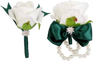 lot 10789 image: Ivory Rose Corsage & Boutonniere Set for Wedding, Prom WristBoutonniere