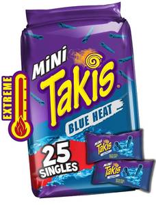 lot 10836 image: Takis Blue Heat Mini 25-Pack Spicy Chili Pepper Rolled Corn Tortilla Chips