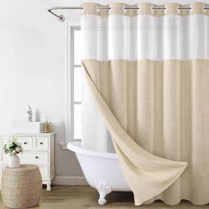 lot 10859 image: No Hooks Linen Textured Shower Curtain with Snap-in Liner, Cream 75 x 72