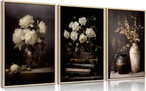 lot 10875 image: CCZ Vintage Moody Flower Wall Art - Dark Floral Canvas, Rustic Farmhouse
