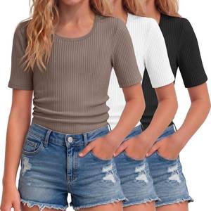 lot 10892 image: 3 Pack Teen Girl T-Shirts - Ribbed Fitted Tees, Summer Tops for Tween 11-12yr