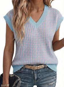 lot 10900 image: Dokotoo Womens Casual Tops V-Neck Short Sleeve Plaid Knit Vest Loose Fit Large
